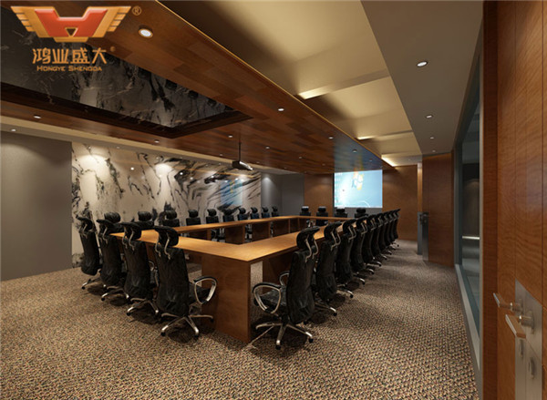 鸿业家具为深圳企业办公室设计的小会议室办公桌椅配套摆放效果图